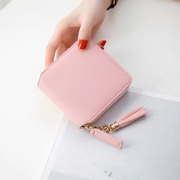 Xajzpa Fashionable Tassel Decoration Women's Wallet Mini Solid Color Square Card Holder Minimalist PU Leather Zipper Coin Wallet